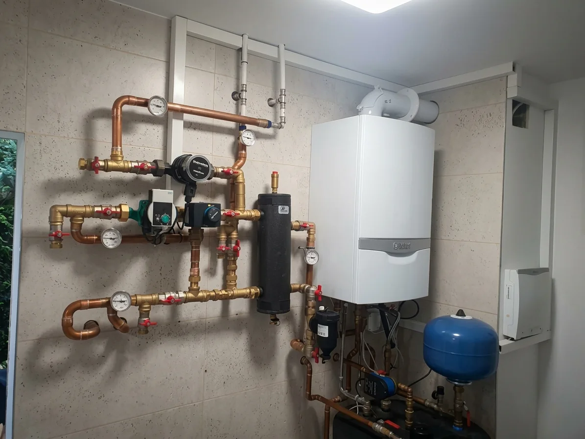 Kotłownia z kotłem Vaillant i instalacją wykonaną z rur miedzianych